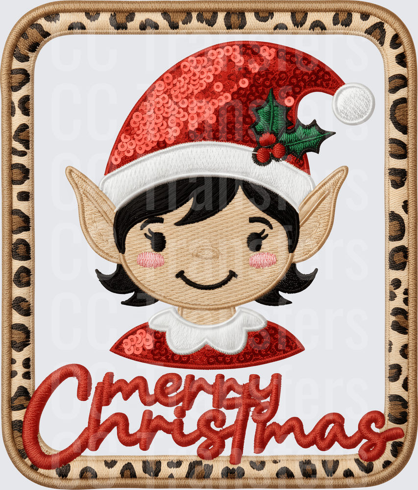 Merry Christmas Girl Elf Sequin Leopard Frame Patch (DTF)