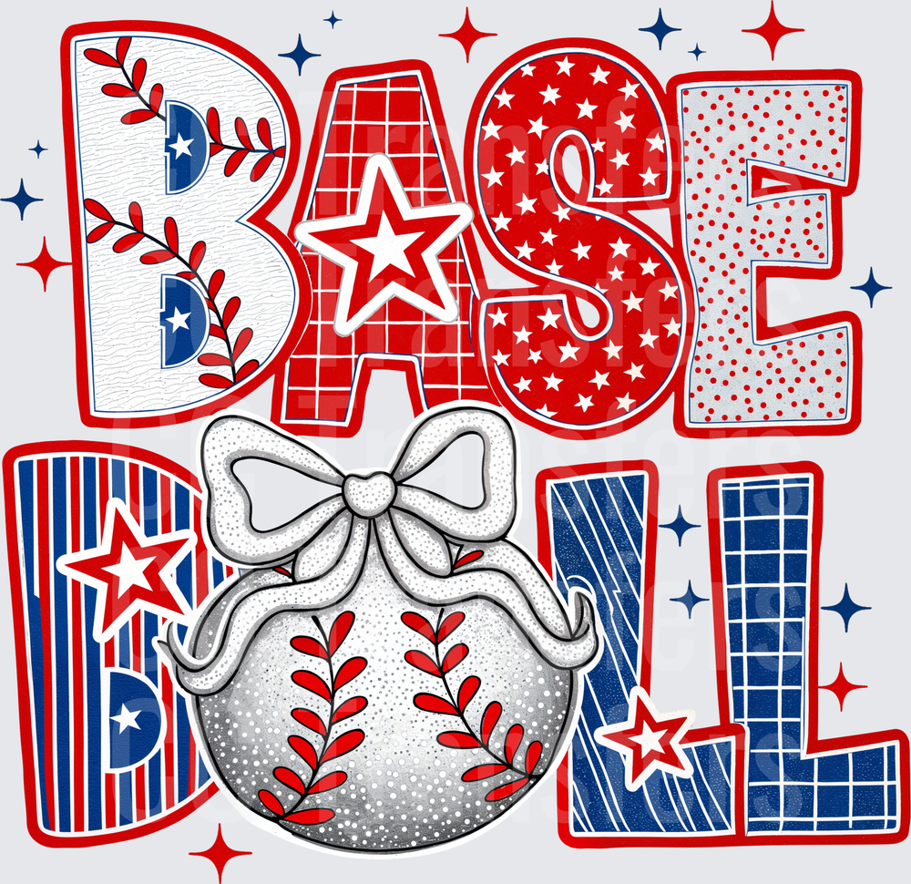 Patriotic Baseball Doll Bow Red White Blue Letters (DTF)