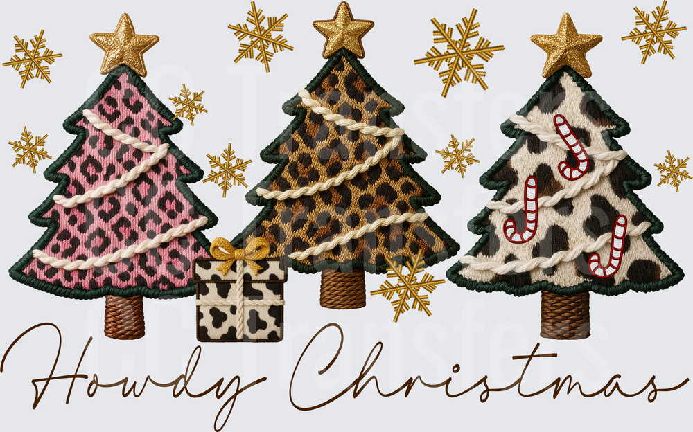 Howdy Christmas Leopard Cow Print Trees Embroidery (DTF)