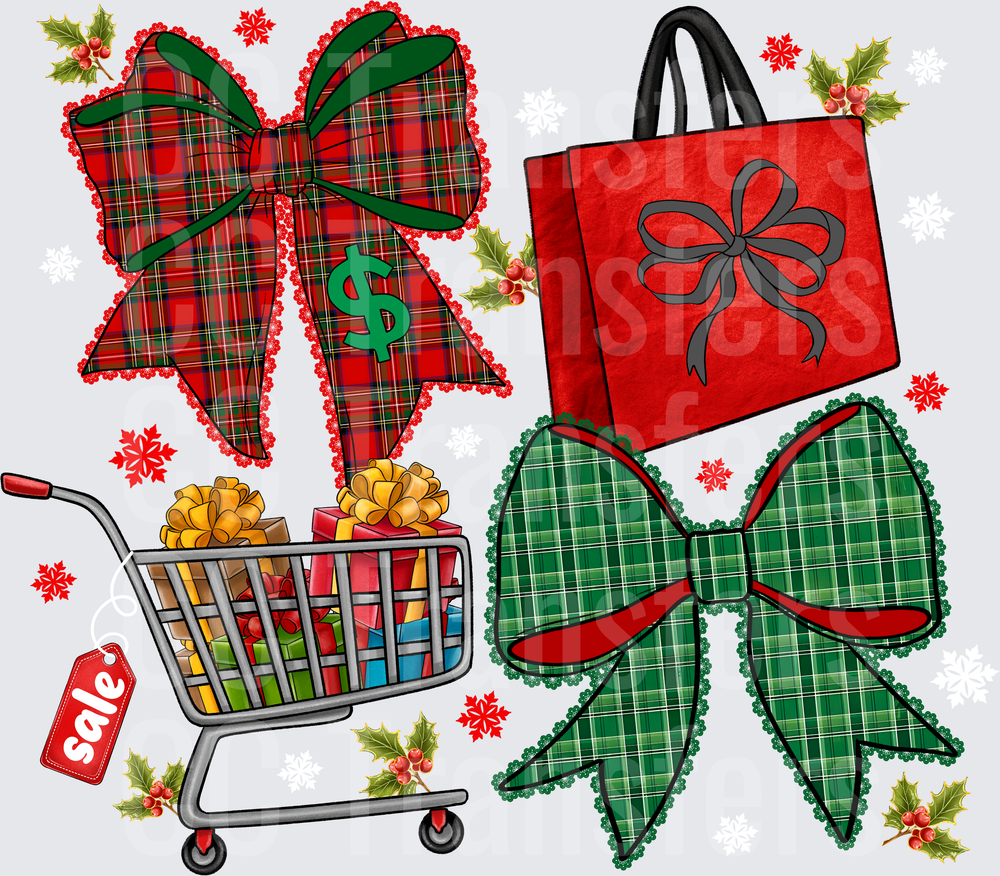 Christmas Shopping Bows Cart Sale Bag Holly Plaid (DTF)
