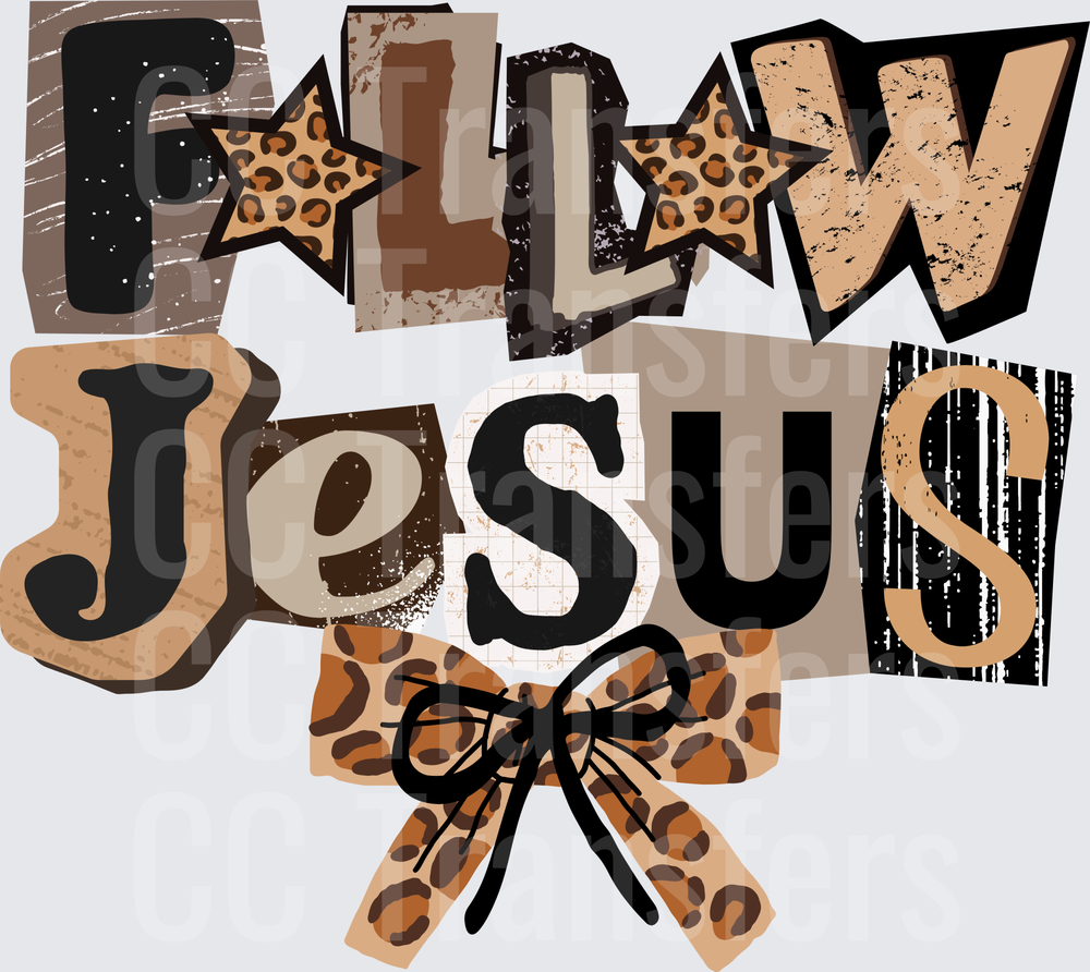 Follow Jesus Leopard Print Bow Distressed Varsity Letters (DTF)