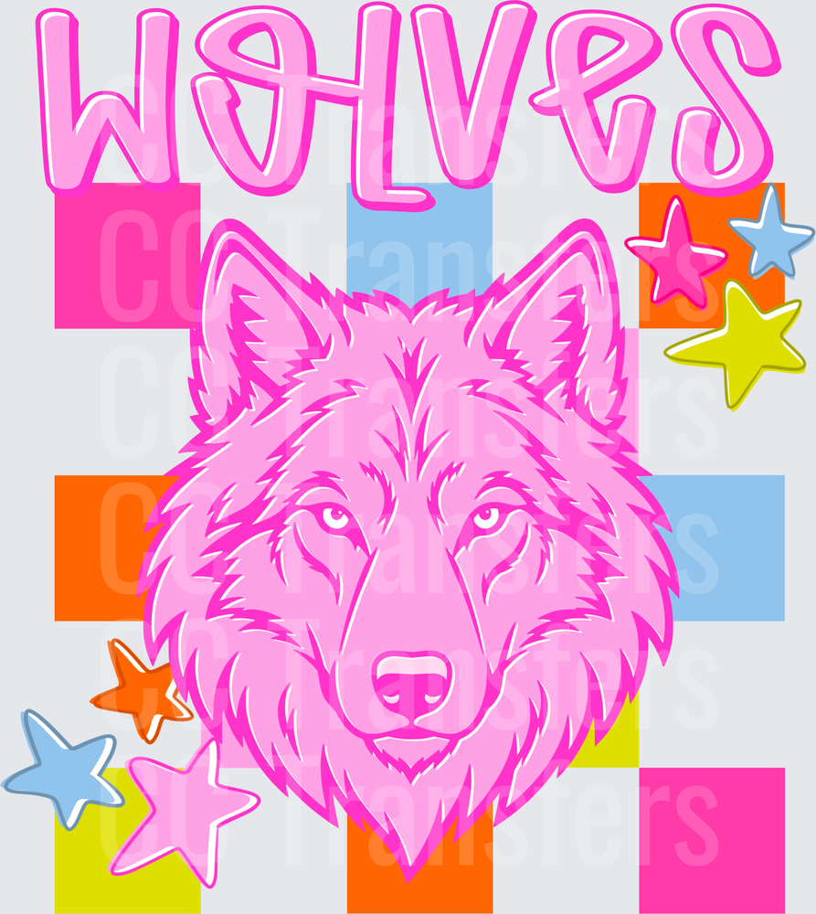 Retro Pink Wolf Head Colorful Checkered Stars Wolves (DTF)