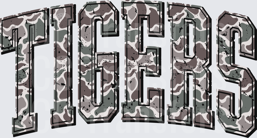 Tigers Arched Camo Distressed Varsity Letters (DTF)
