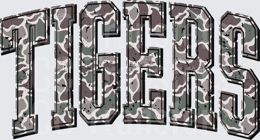 Tigers Arched Camo Distressed Varsity Letters (DTF)