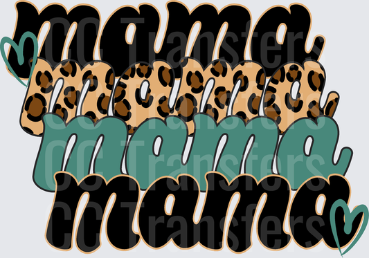 Stacked Mama Leopard Print Teal Black Retro Script (DTF)