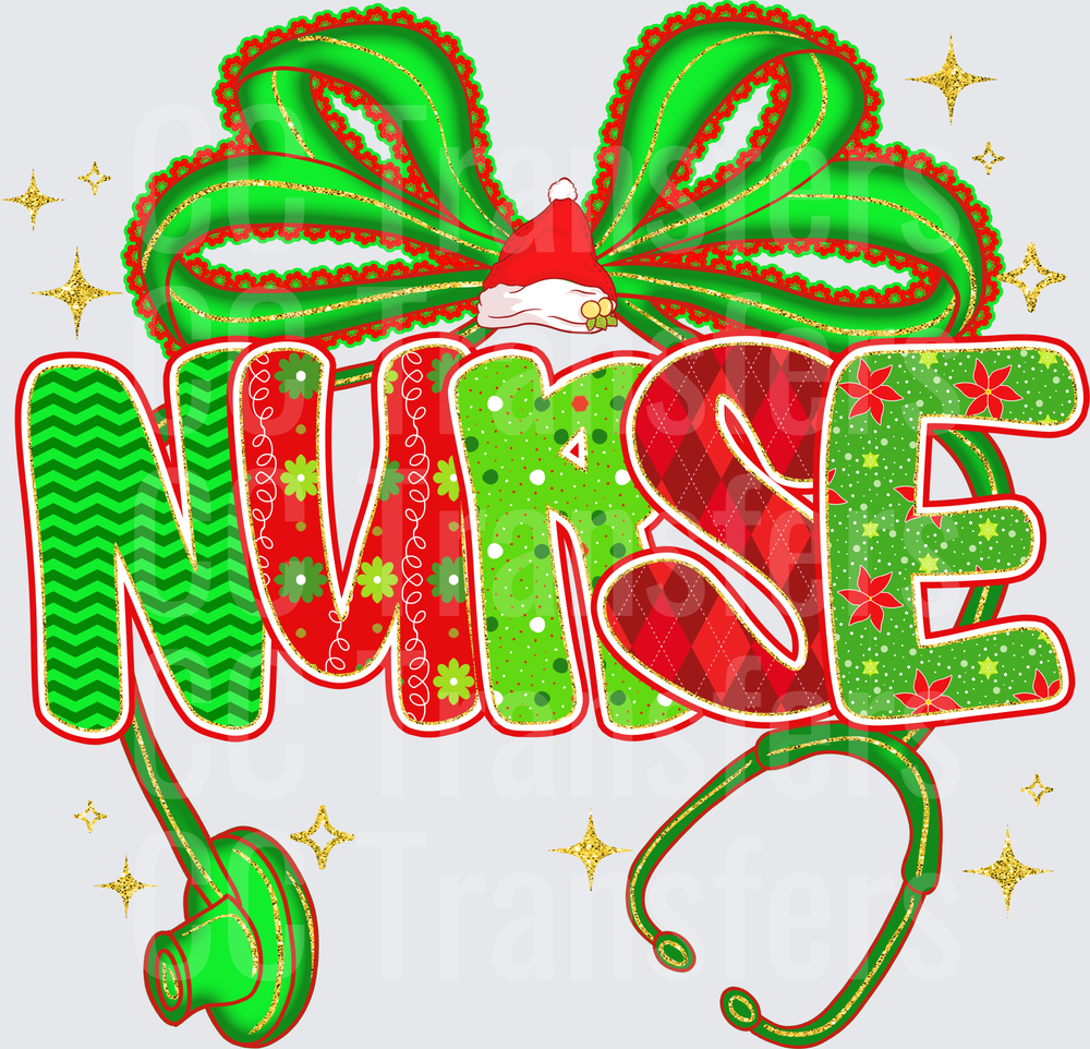 Christmas Nurse Stethoscope Patterned Letters Bow (DTF)