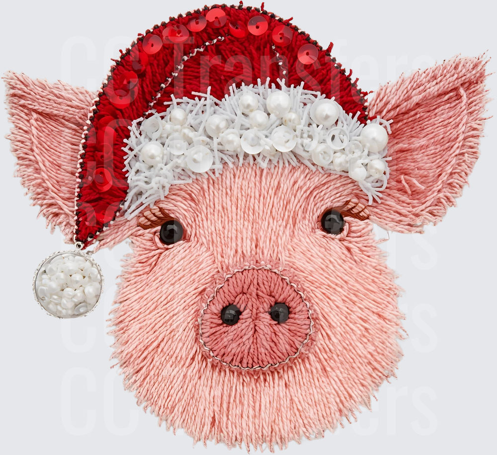Embroidered Christmas Pig in Santa Hat with Pearl Trim (DTF)
