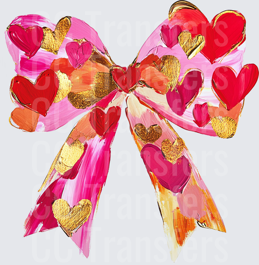 Pink Bow with Red and Gold Hearts Paint Brush Stroke (DTF)