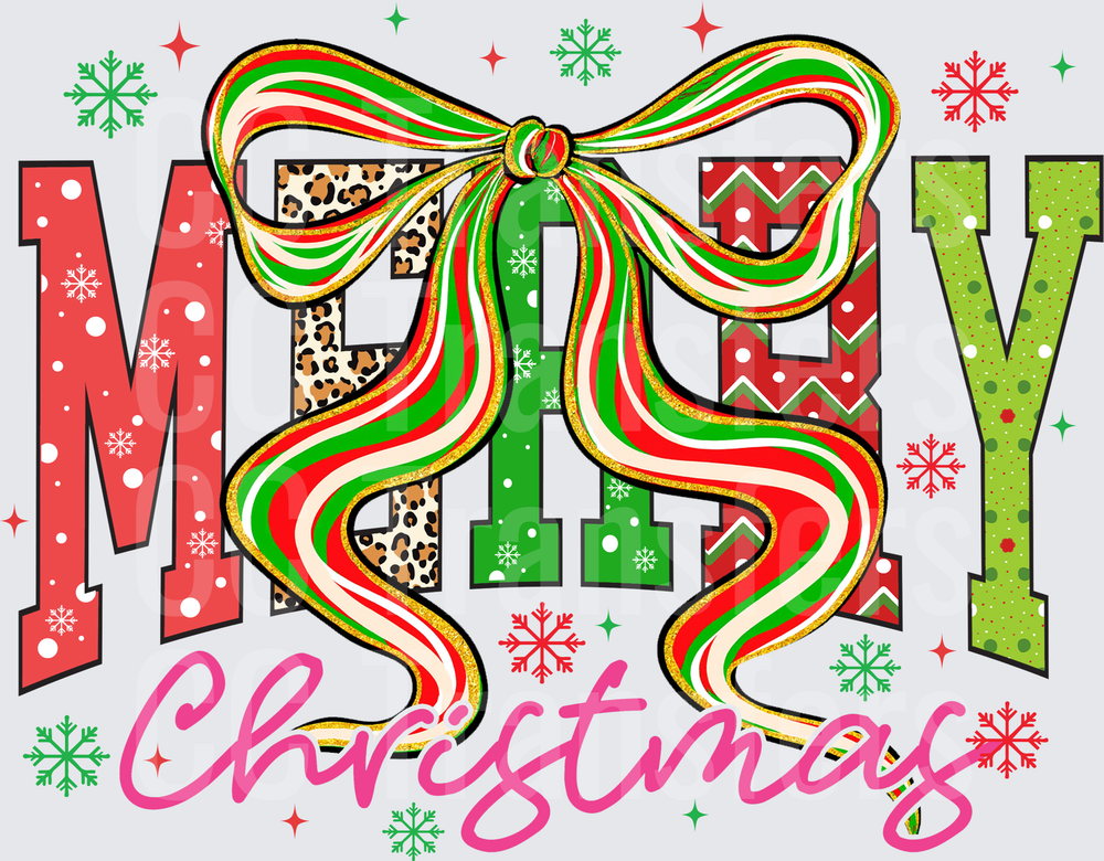 Merry Christmas Patterned Letters with Bow & Snowflakes (DTF)