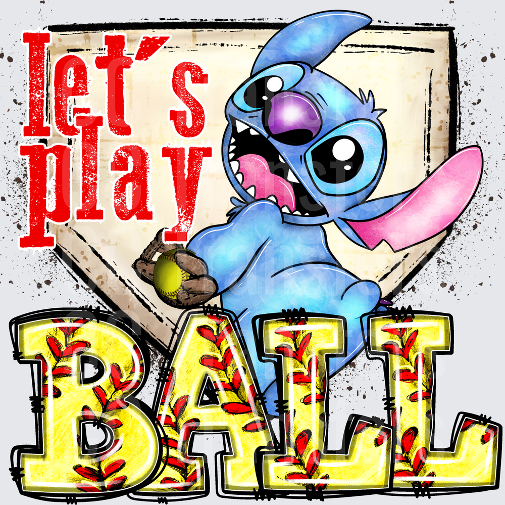 Cute Blue Alien Let's Play Ball Softball Design (DTF)