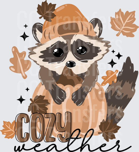 Cozy Weather Raccoon in Beanie with Fall Leaves (DTF)