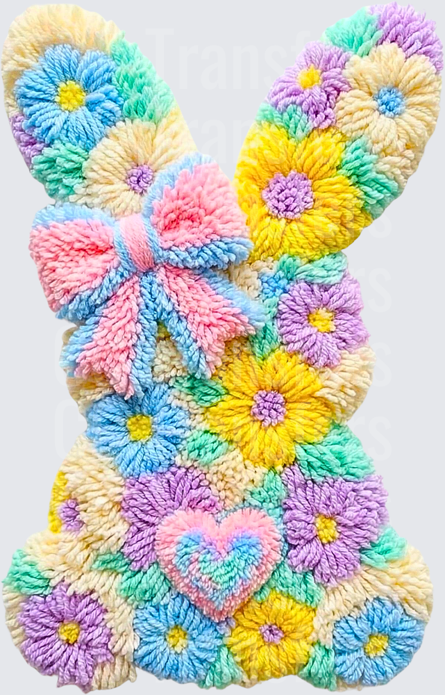 Pastel Floral Punch Needle Bunny with Bow Heart (DTF)