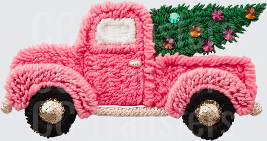 Fuzzy Yarn Pink Christmas Truck with Decorated Tree (DTF)