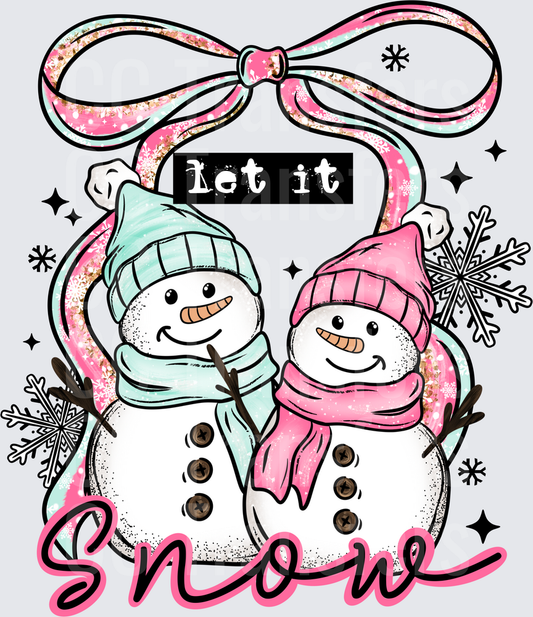 Let It Snow Snowman Couple Pink Mint Bow Winter (DTF)