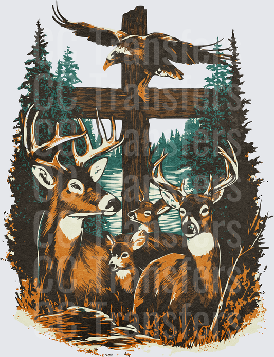 Whitetail Bucks with Wooden Cross and Bald Eagle (DTF)