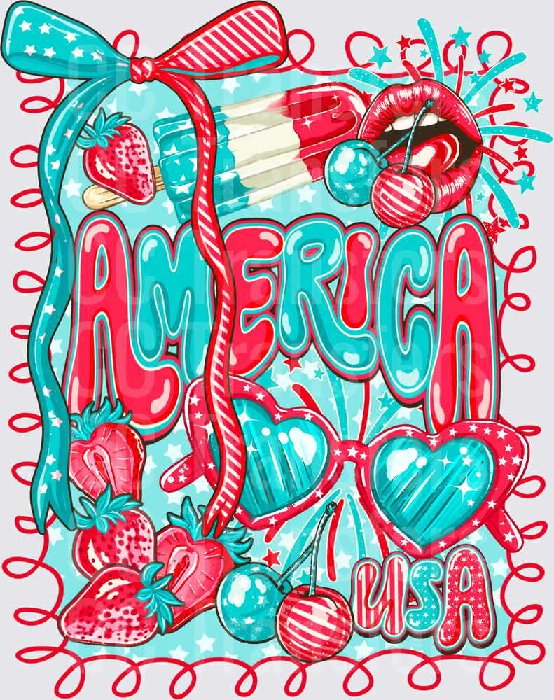 America USA Retro Red Teal Stars Cherries Bow Summer (DTF)