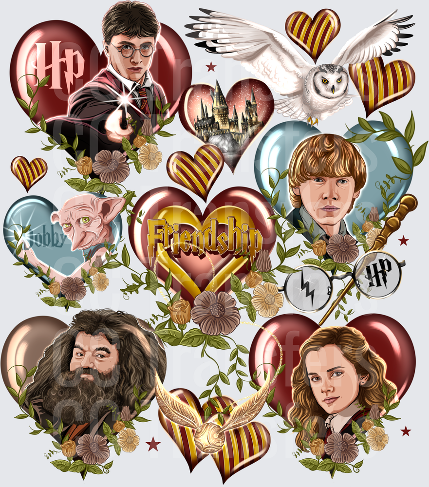 Wizard Friends Friendship Hearts Floral Collage (DTF)
