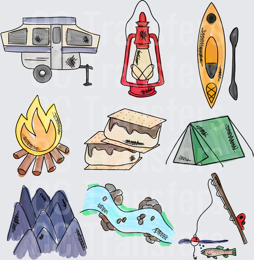 Camping Life Doodle Icons Set Outdoor Adventure (DTF)
