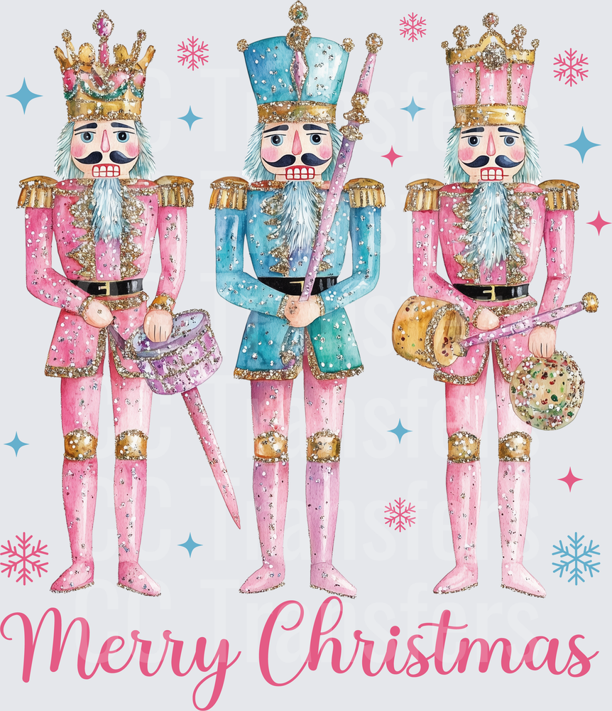 Glam Pink Blue Nutcracker Trio Merry Christmas (DTF)
