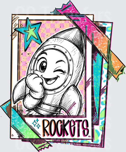 Cute Winking Rocket Mascot Retro Card Design (DTF)