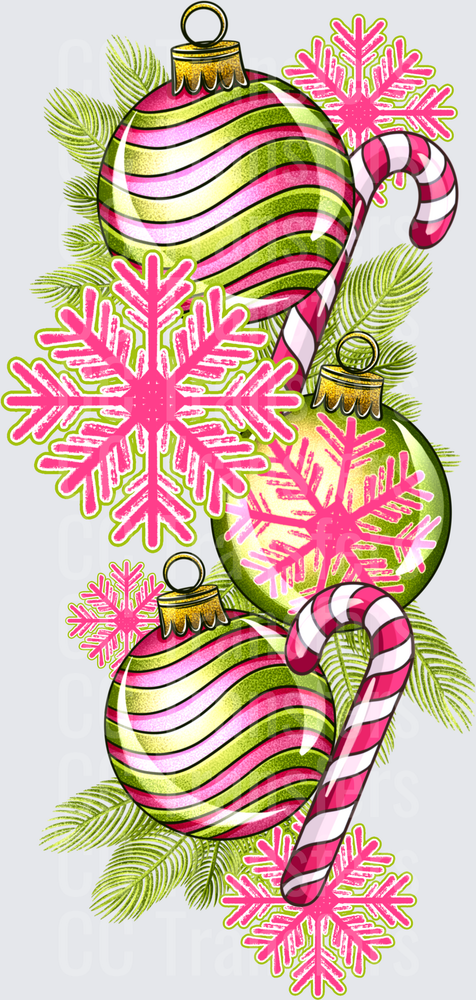 Pink and Green Christmas Ornaments Candy Canes Snowflakes (DTF)
