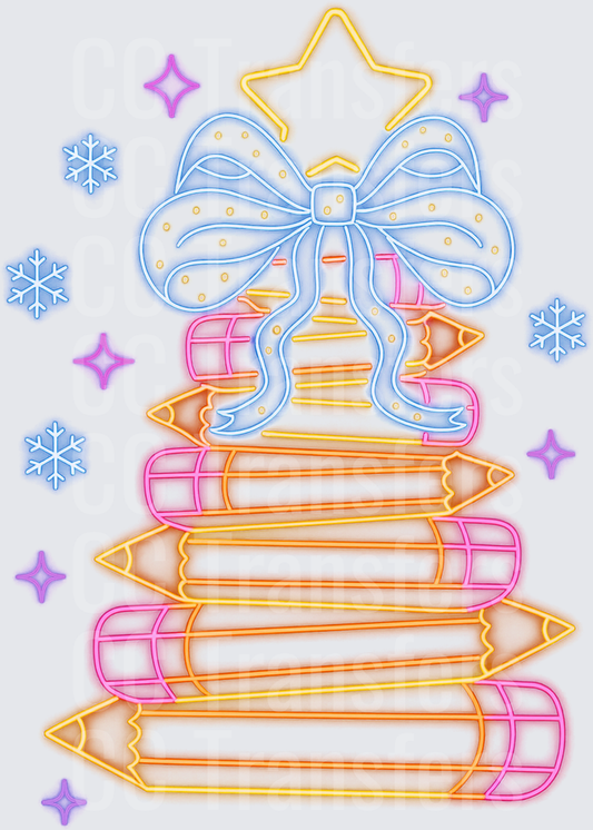 Neon Pencil Stack Christmas Tree with Bow and Star (DTF)