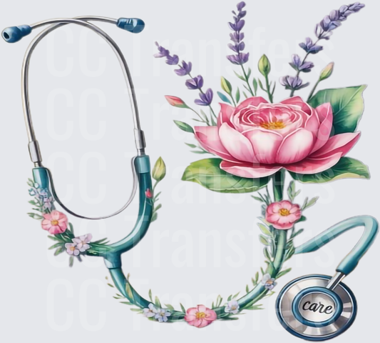 Floral Stethoscope with Pink Rose and Lavender Care (DTF)