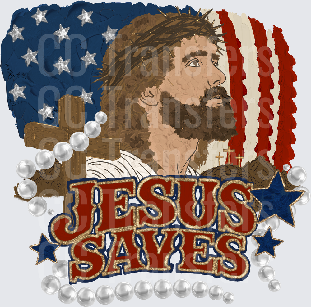 Jesus Saves American Flag Cross Pearl Beads Patriotic (DTF)