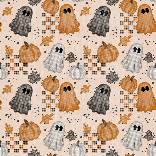 Plaid Patchwork Ghosts Pumpkins Fall Leaves Pattern (DTF)