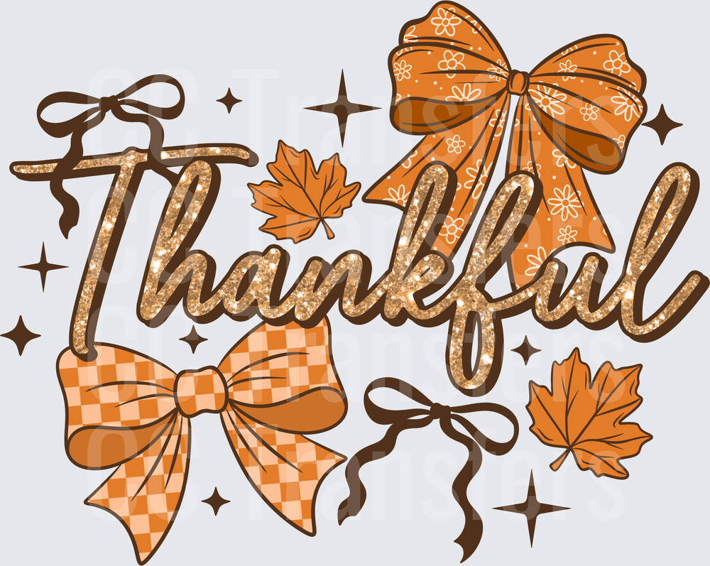 Thankful Glitter Script Fall Bows Maple Leaves (DTF)