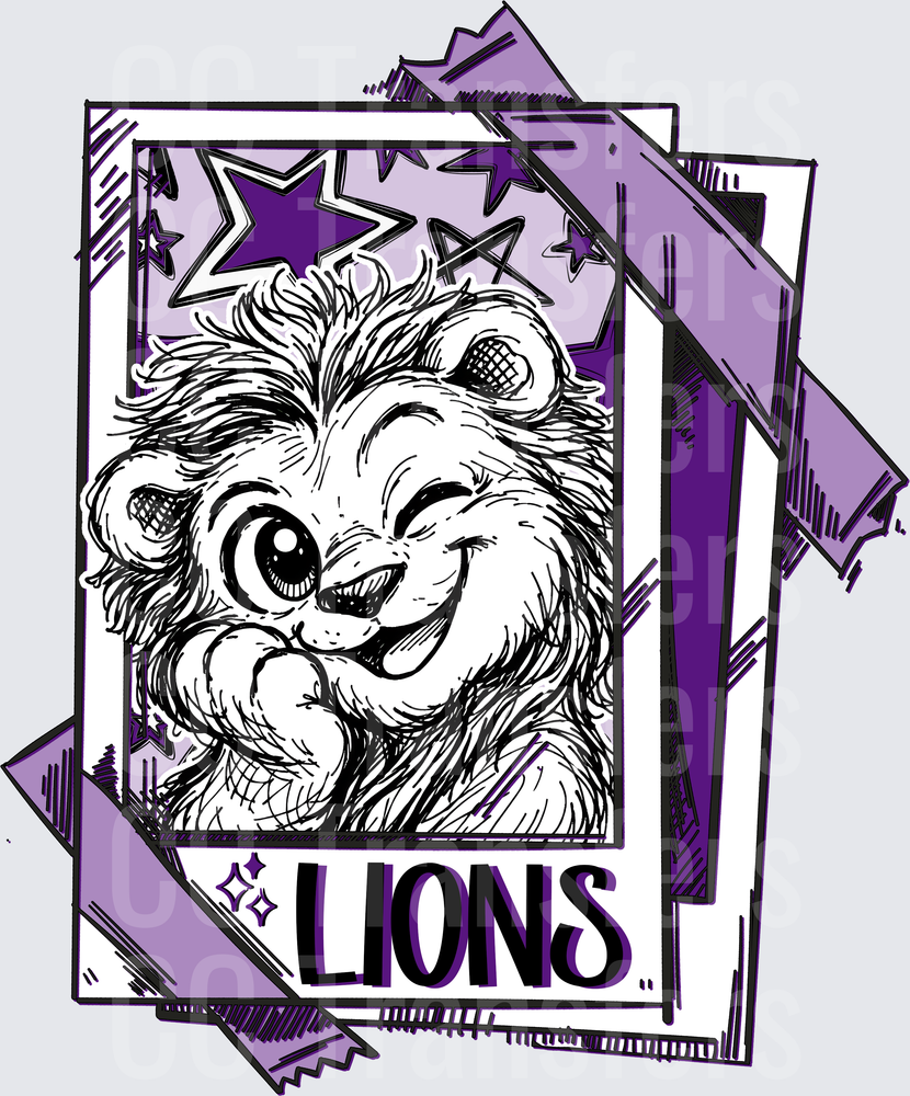 Cute Winking Lion Polaroid Purple Stars LIONS DTF