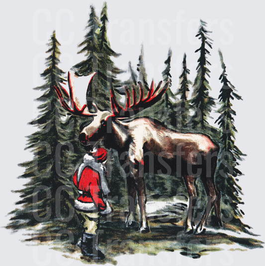 Santa Claus Greeting Bull Moose in Pine Forest (DTF)