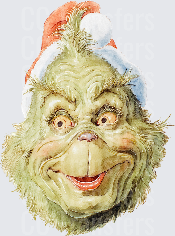 Grumpy Green Furry Christmas Character Face Watercolor (DTF)