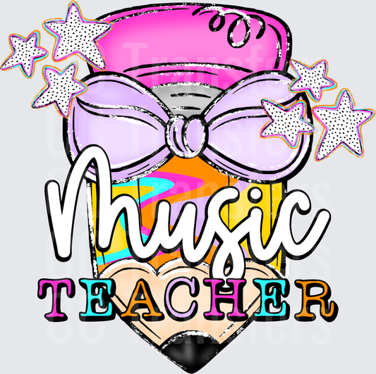 Colorful Pencil Purple Bow Music Teacher Stars DTF