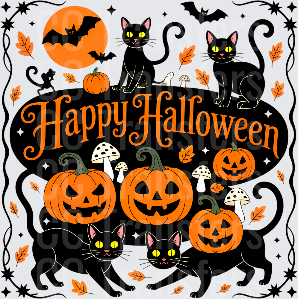 Happy Halloween Black Cats Jack-O-Lanterns Bats (DTF)