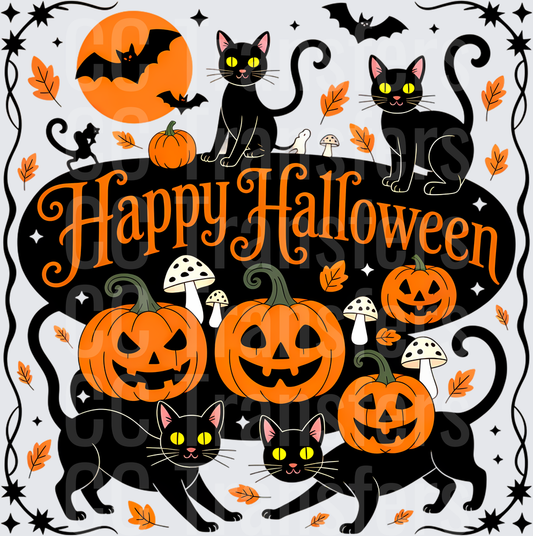 Happy Halloween Black Cats Jack-O-Lanterns Bats (DTF)