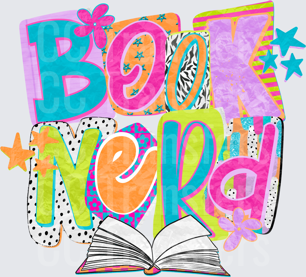 Colorful Retro Book Nerd Lettering with Open Book (DTF)