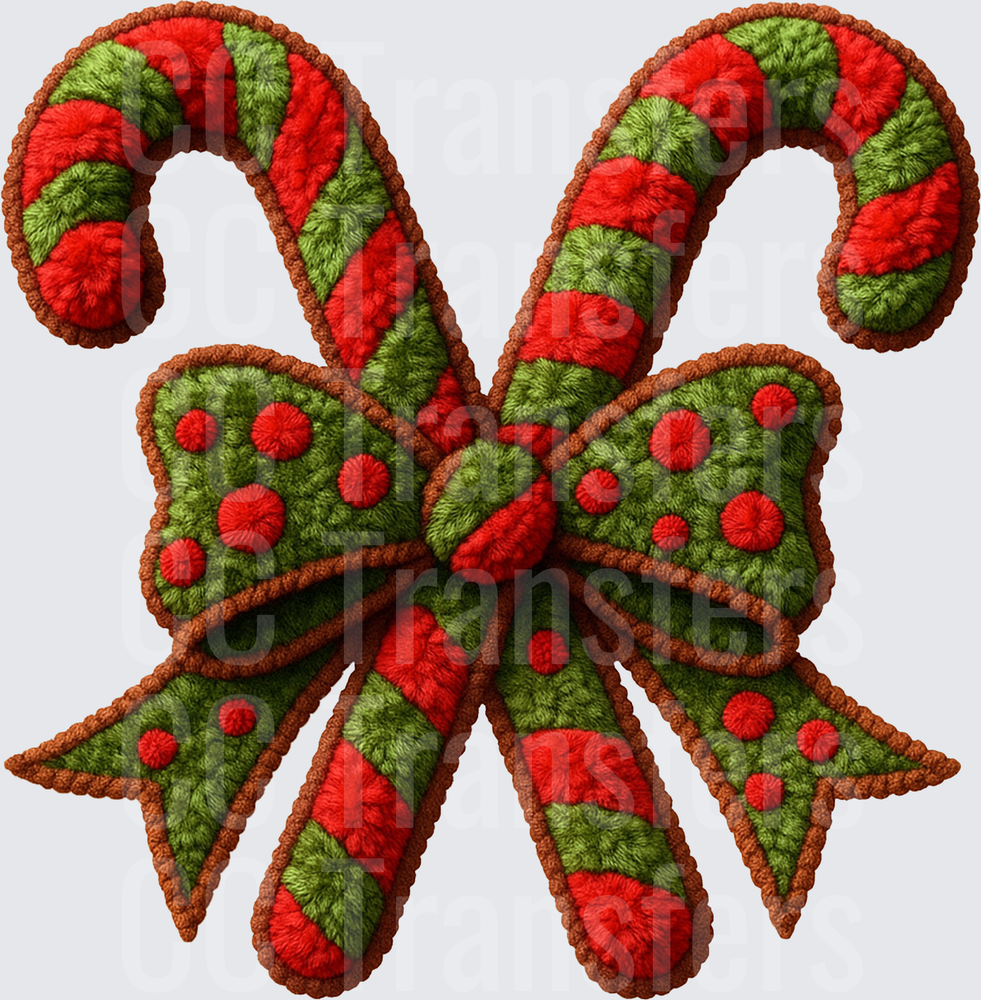 Embroidered Candy Canes with Red Green Polka Dot Bow (DTF)