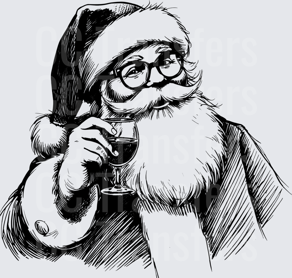 Santa Claus With Glasses Sipping Wine Black Ink Sketch (DTF)