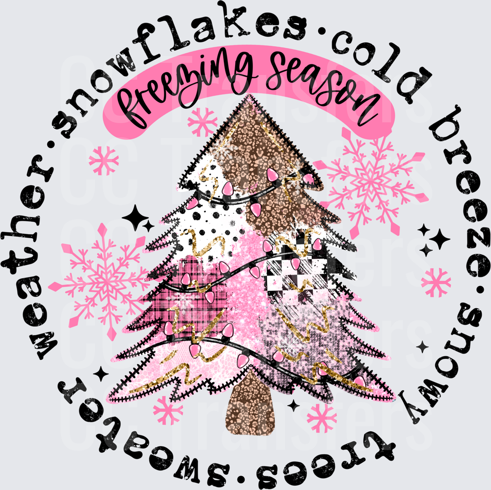 Freezing Season Patchwork Christmas Tree Pink Snowflakes (DTF)