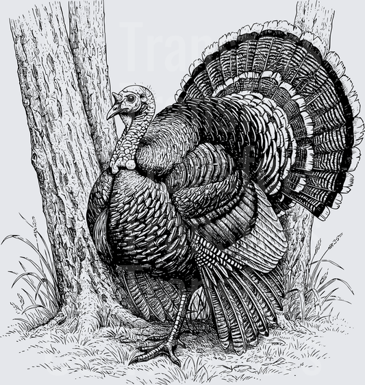 Wild Turkey Full Fan Display Black White Ink Art (DTF)