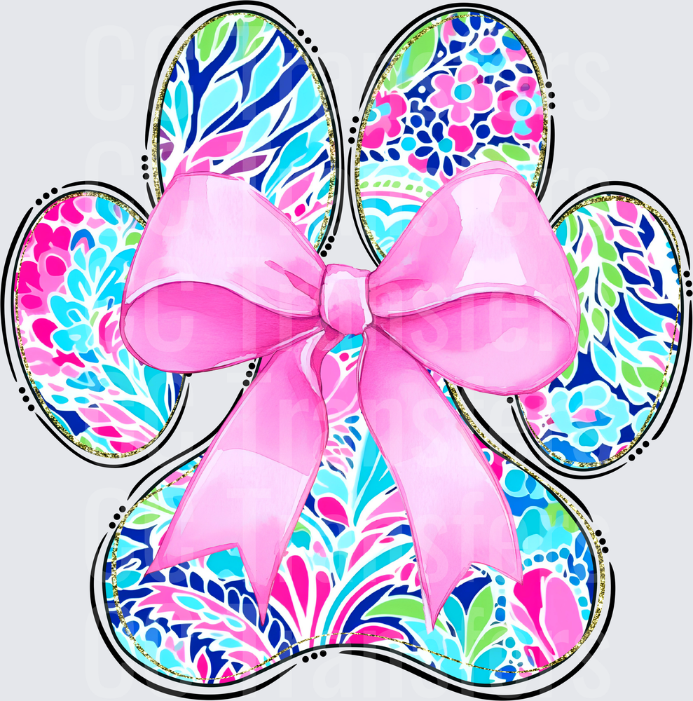 Floral Paw Print with Pink Bow Coquette Style (DTF)
