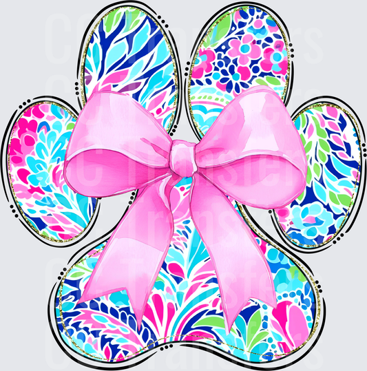 Floral Paw Print with Pink Bow Coquette Style (DTF)