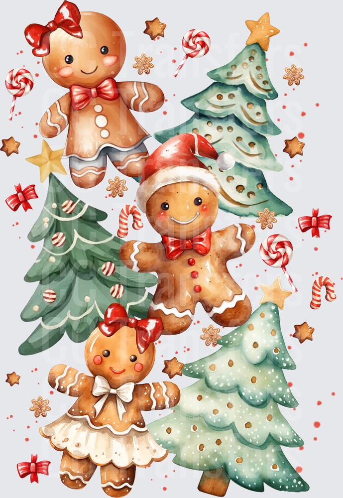 Watercolor Gingerbread Family with Christmas Trees (DTF)