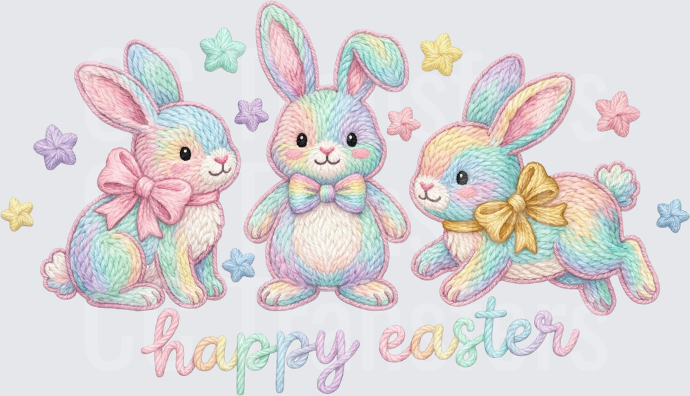 Happy Easter Pastel Knit Bunnies with Bows (DTF)
