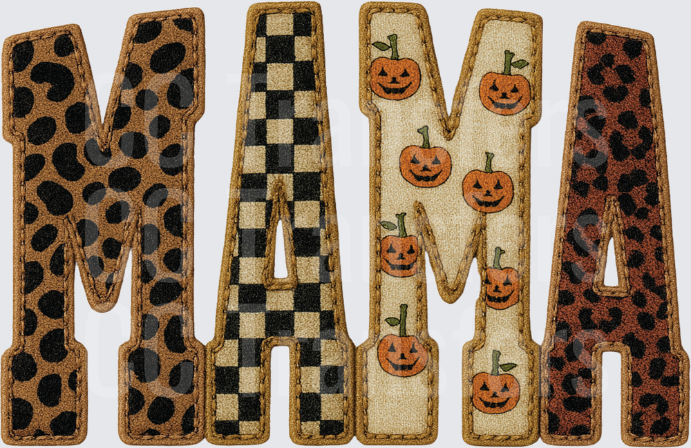 Halloween Mama Patchwork Leopard Checkered Pumpkin Letters (DTF)