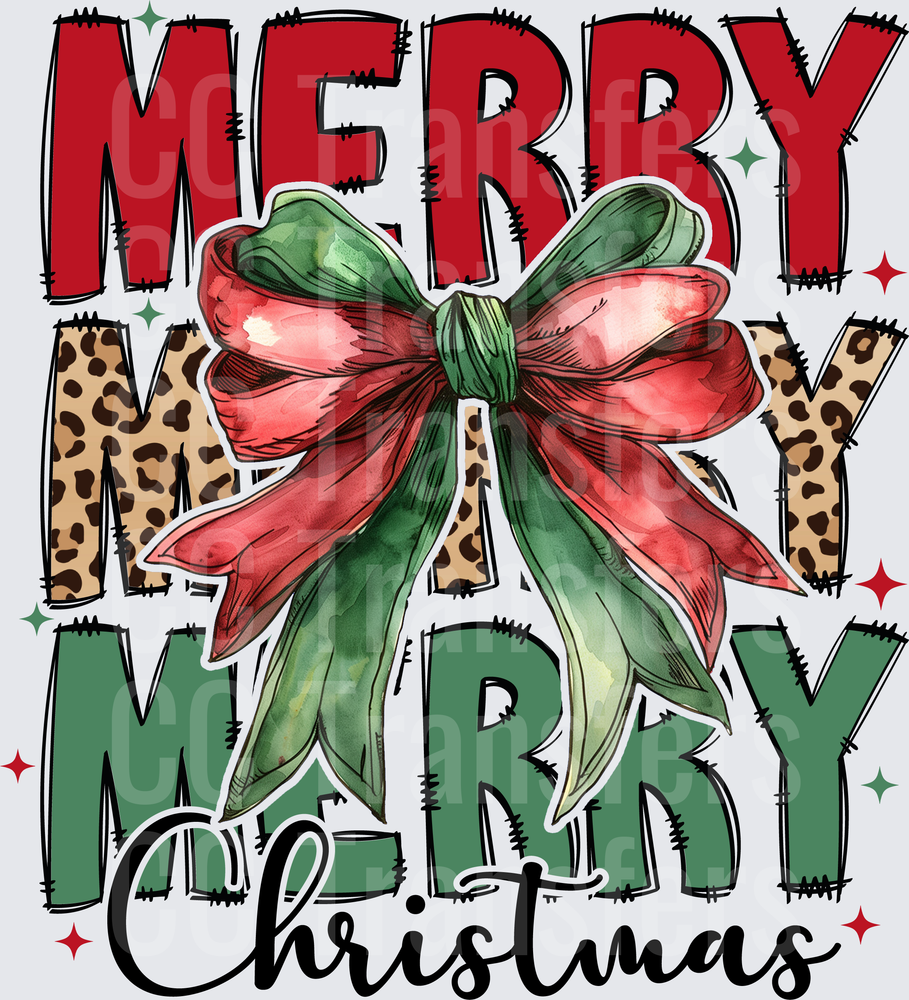 Merry Merry Merry Christmas Bow Leopard Stacked (DTF)