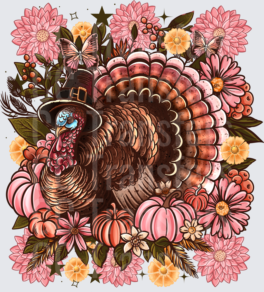 Floral Thanksgiving Turkey Pilgrim Hat Pumpkins Butterflies (DTF)