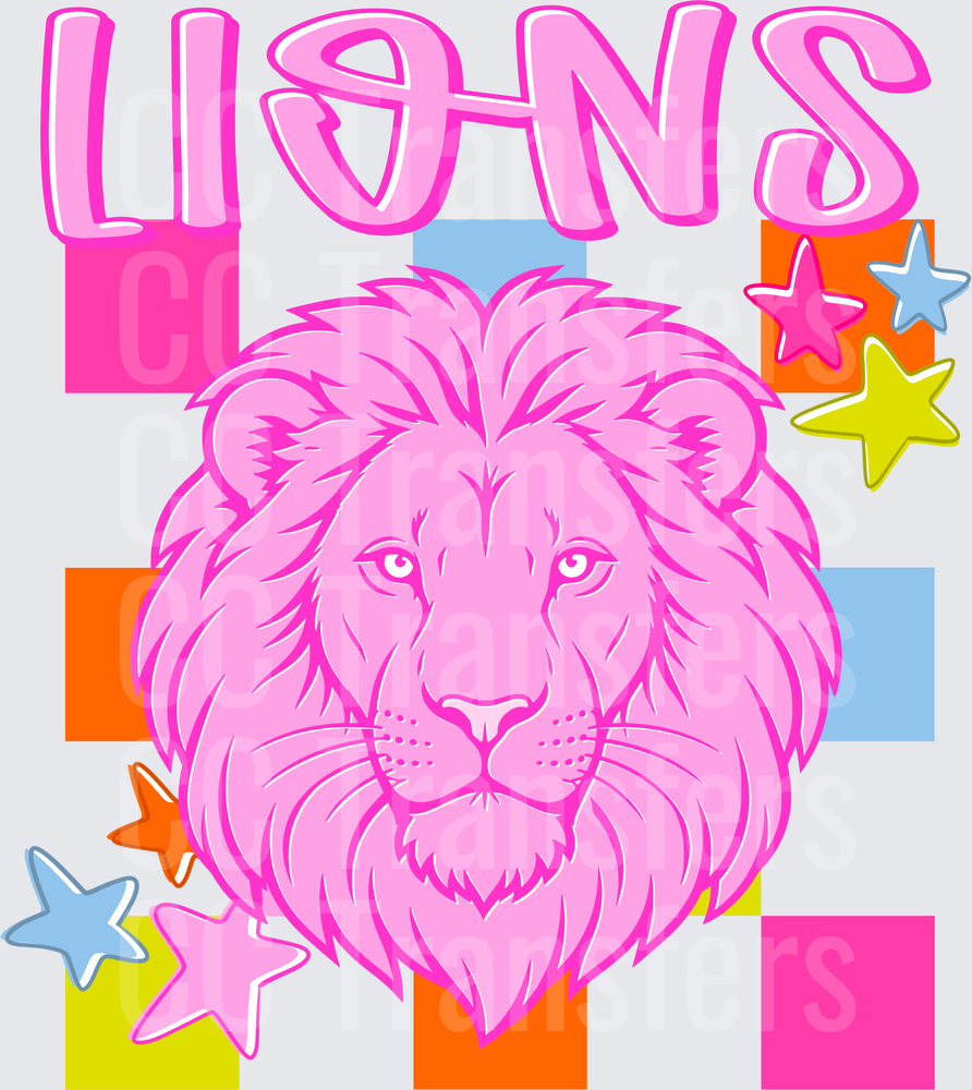 Pink Lions Mascot Head Colorful Retro Checkerboard Stars (DTF)