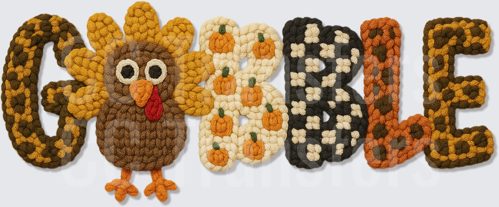 Crochet Knit GOBBLE Turkey Thanksgiving Word Art (DTF)